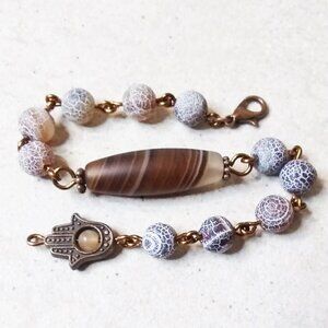 Earth Tones! Lovely Shades of Brown! Mixed Agate Bracelet + Copper + Hamsa Hand